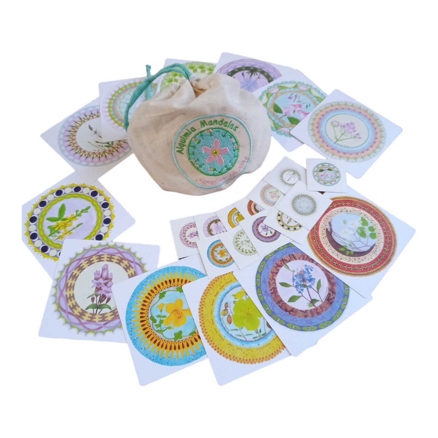 Kit 4: Set Mandalas Cuadrados + 12 Stickers en Bolsa de Tela